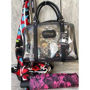 Ed Hardy | Tattoo Print Clear Satchel + Umbrella + Skull Scarf Set